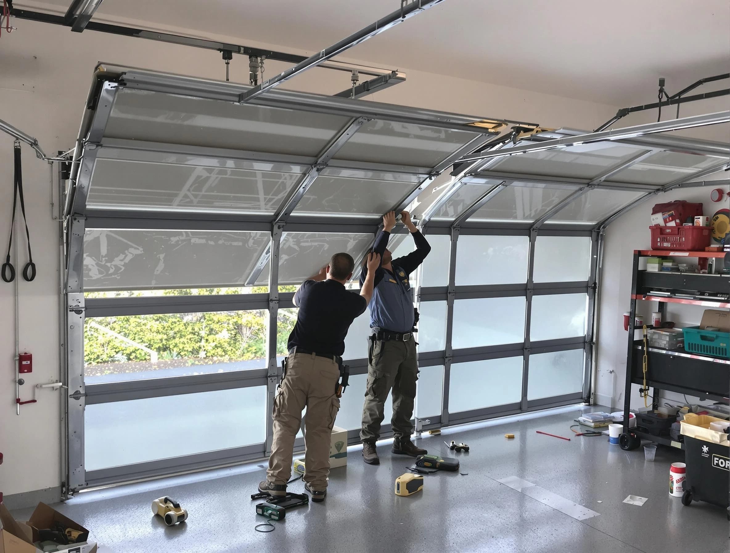 Wakefield Garage Door Repair expert performing precise panel replacement on Wakefield garage door