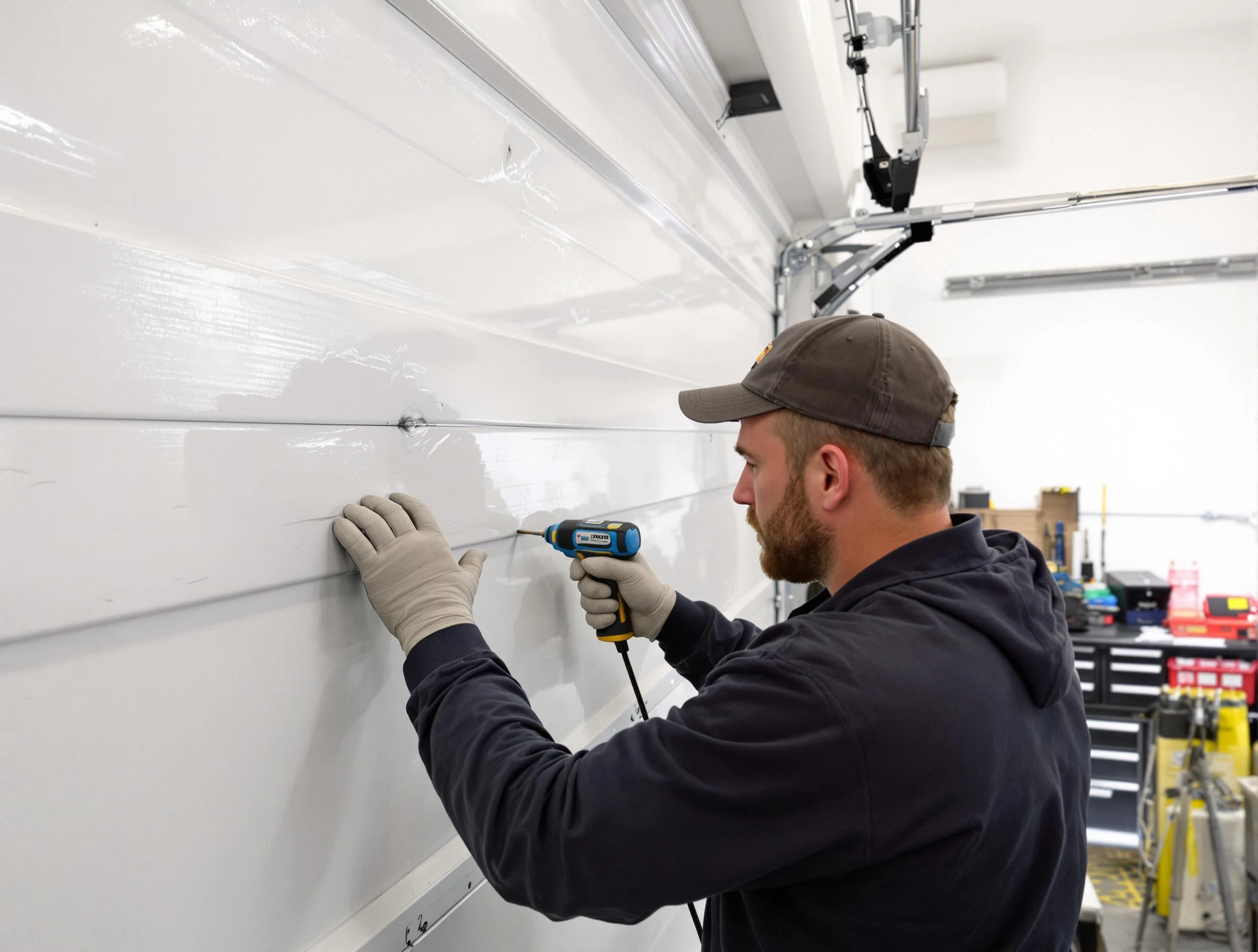 Wakefield Garage Door Repair technician demonstrating precision dent removal techniques on a Wakefield garage door